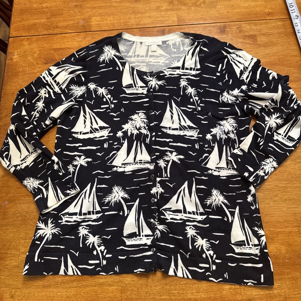 CHARTER CLUB Sweater Cardigan Black  & White Tropical Woman 3x Cotton Button Up